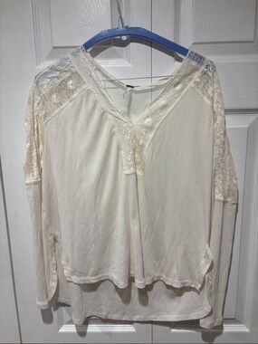 Free people Cream Lace-Trim Long Sleeve Top